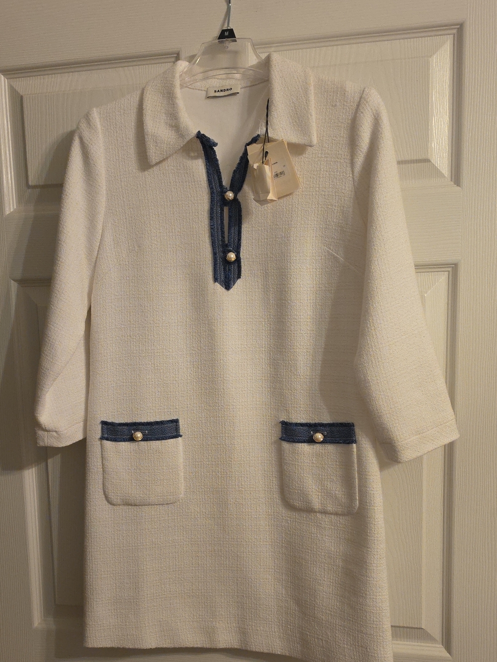 Sandro White Tweed Mini Dress with Navy Trim, size 38